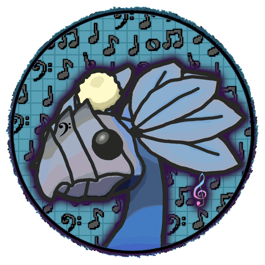 An image of a blue, bird-like SPORE creature with a bass clef tattoo and a treble clef piercing, encased within a thick circle surrounded by a gradient.